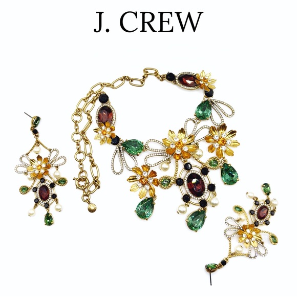 J. Crew • Baroque Floral Mixed Gem Statement Drop Earrings • Alhambra Green - Picture 12 of 13